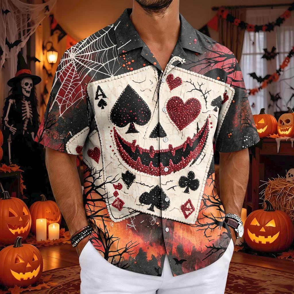 Camicia Casual da Uomo a Maniche Corte con Collo Cubano per Halloween, Vestibilità Larga