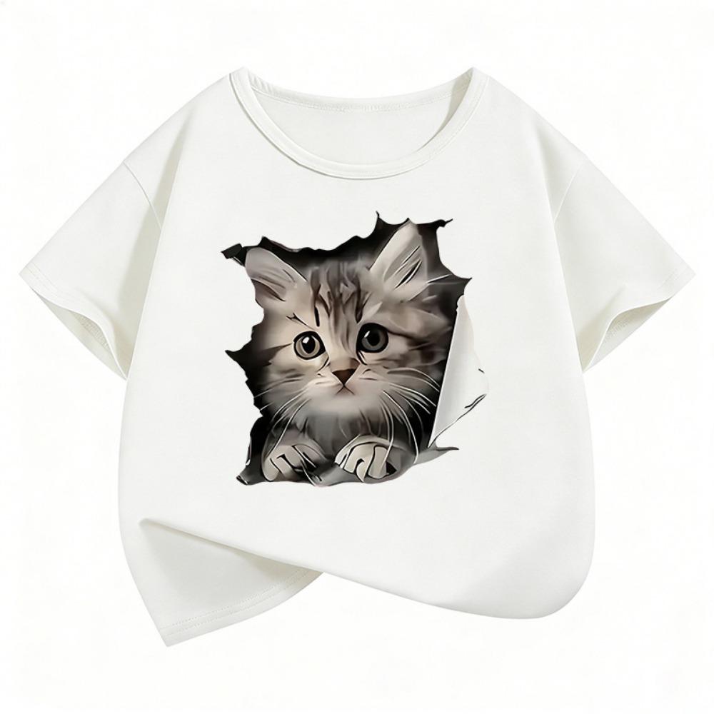Cute Cat Graphic Kids Tshirts Summer Short Sleeve Tees Cartoon Animal Boys Girls Clothes Kawaii Kitten Tops Y2K Children T-shirt