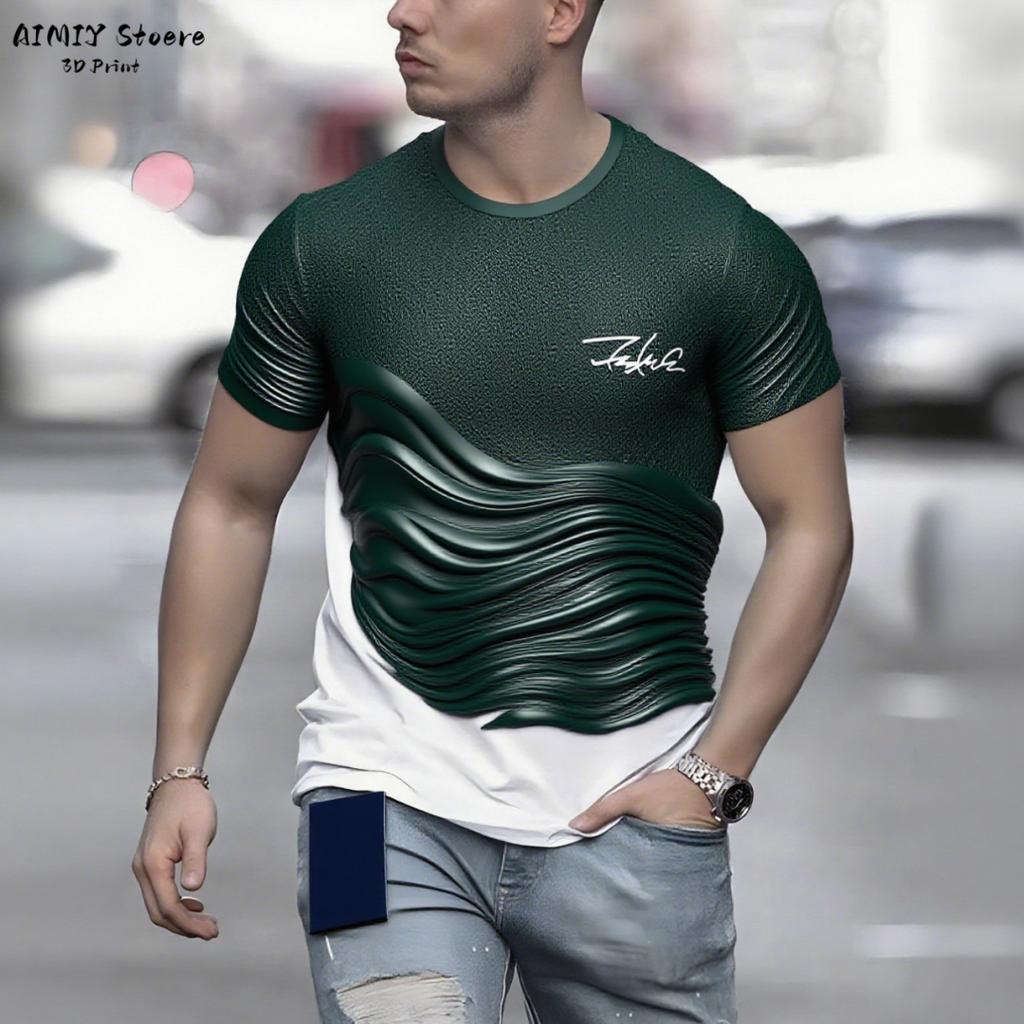 Summer Round Neck 3D Gradient Wave Print Top Fashionable Casual Short Sleeved Men's T-shirts