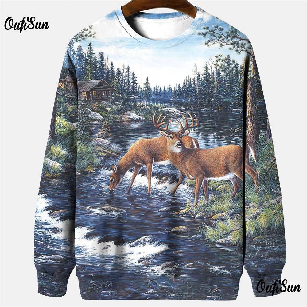 

Толстовки с капюшоном для охоты для мужчин, одежда для активного отдыха, футболка с принтом лося 3D, свободный топ с длинным рукавом и круглым вырезом, мужской камуфляж 2XL
