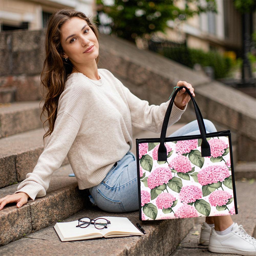 Pink Hydrangea Floral Canvas Tote Bag Casual Daily Shoulder Handbag for Women Shopping Outing