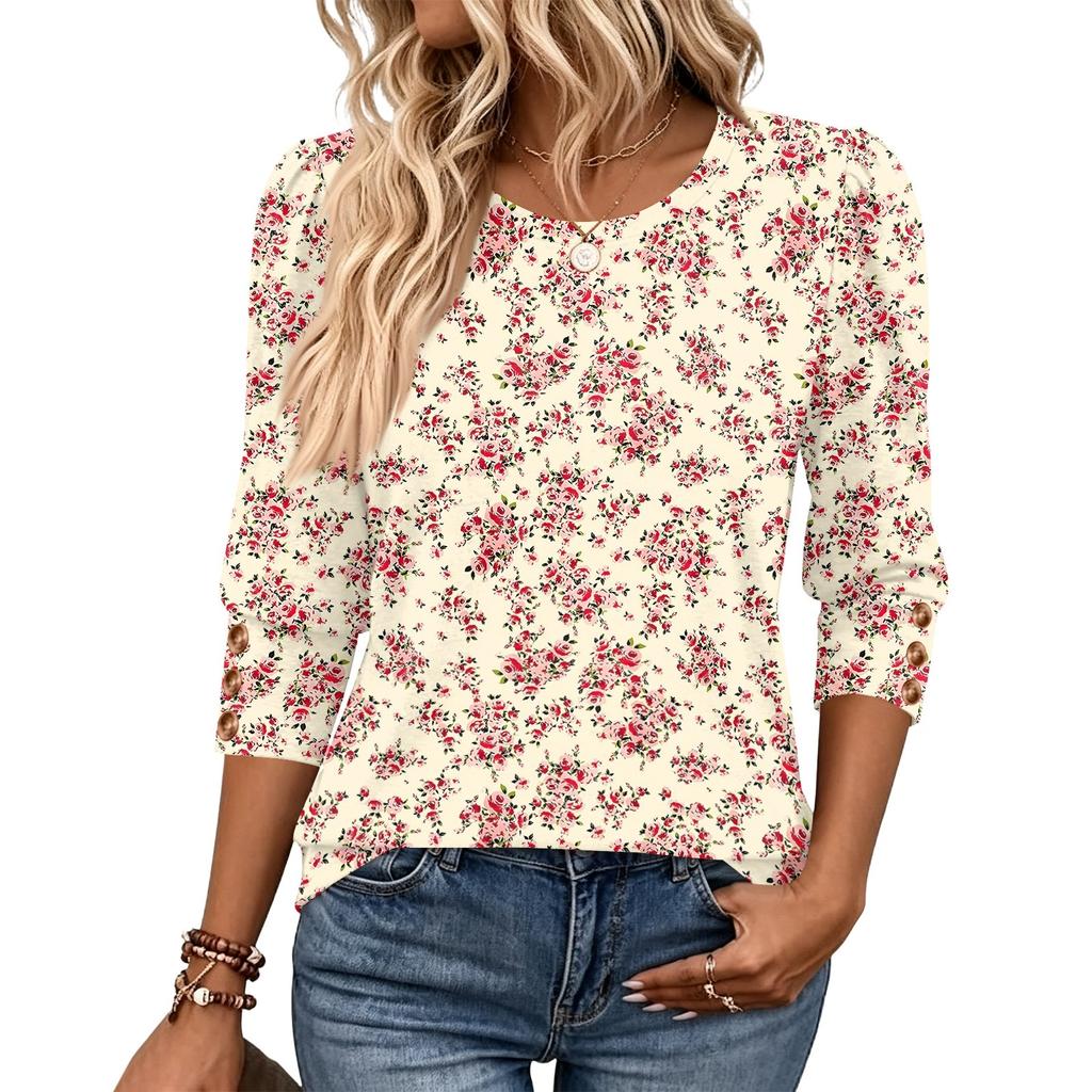 T-shirt da Donna alla Moda a Manica a Tre Quarti con Girocollo Top Casual per l'Uso Quotidiano