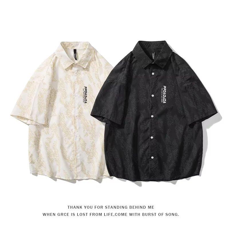 

Принт с короткими рукавами Мужская летняя рубашка Модный гонконгский стиль высококачественный рубашка свободный большой размер повседневный