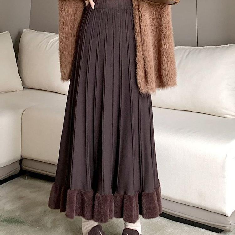 Autumn Winter Women's Knitted Pleated Skirt Long High-waist A-line Skirt