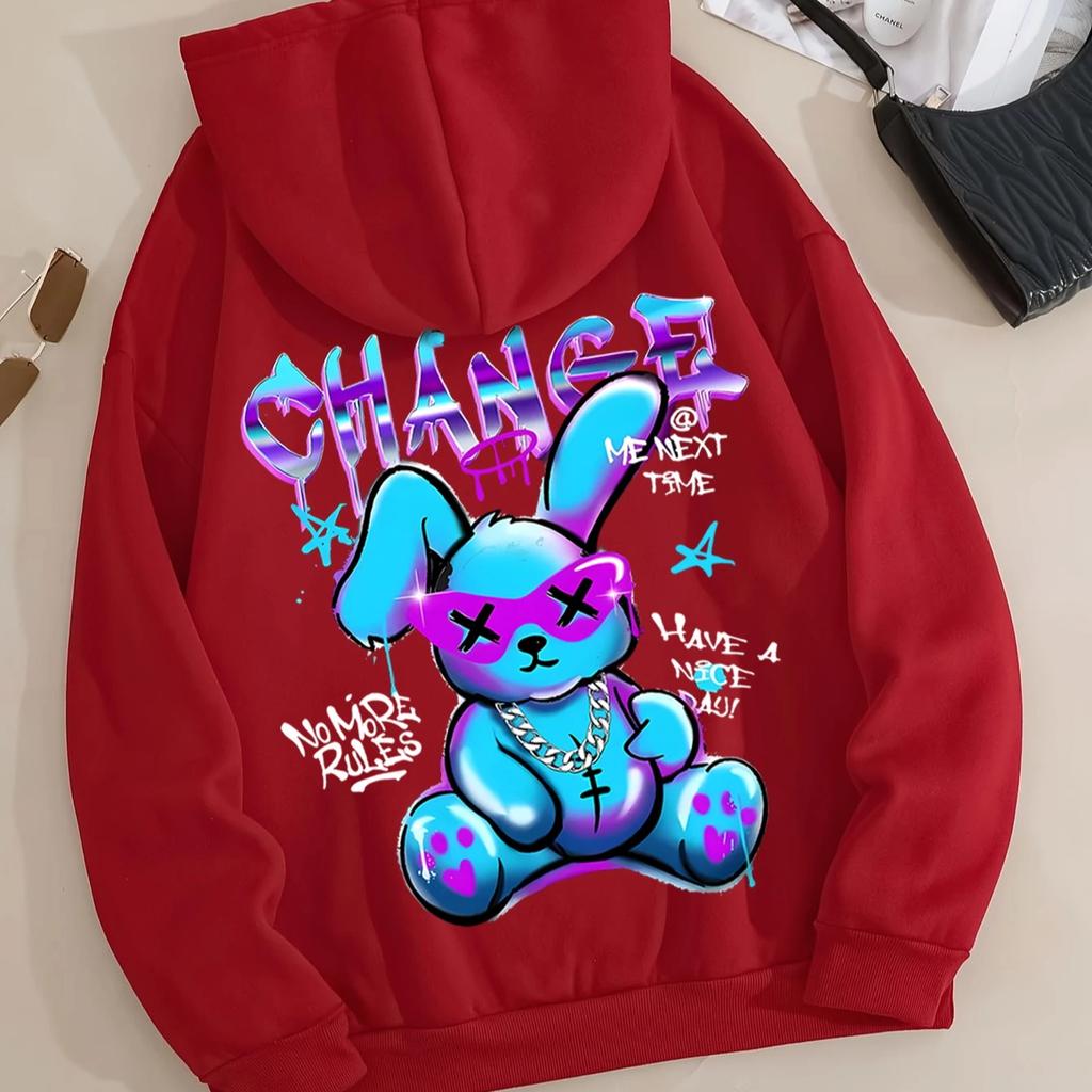 Módní mikina s potiskem kreslených králíčků Dámská móda Univerzální pouliční mikina s kapucí Kulatý výstřih Ležérní mikiny Pulovr Nadměrné oblečení