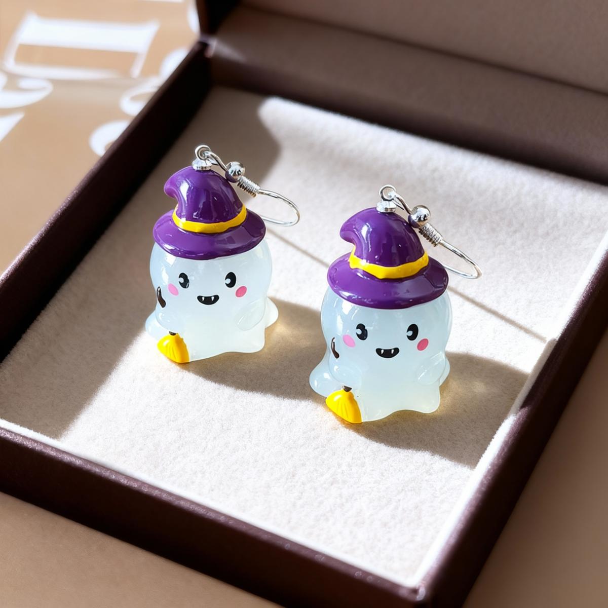 Halloween Wear Purple Witch Hat Holding Broom Resin Ghost Drop Earrings Cartoon Cute Ghost Earring For Women Men Gothic Jewelry