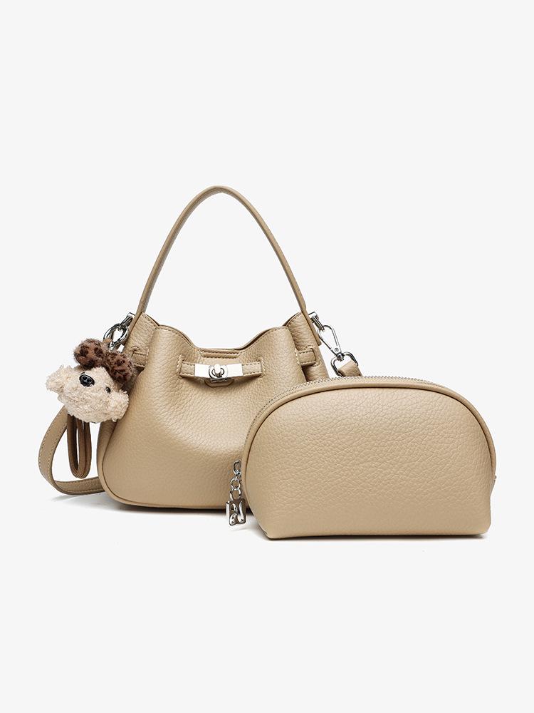 Korean Style Genuine Leather Bucket Bag with Cute Dog Pendant - Versatile Crossbody and Shoulder Bag for Women