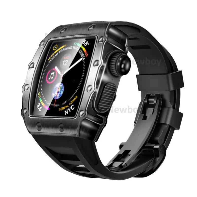 Men Case Strap for Apple Watch Series 8 7 41mm 45mm Rubber Sport Band for iWatch 6 5 4 SE 40 44mm Luxury Metal Modification Kit