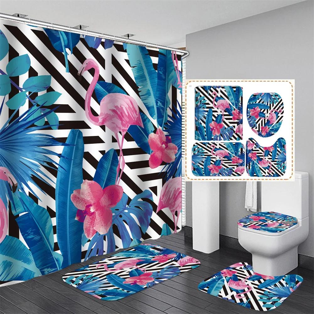 Pink Flamingo Tropical Leaves 3D Hd Shower Curtain Set Waterproof Polyester Bathroom Shower Curtain Set With Mat Non-Slip Rugs
