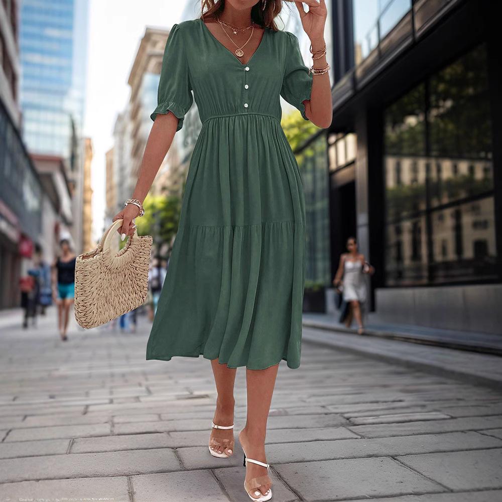 Amazon Independent Station Foreign Trade New European and American Summer Women's Clothing Cross-border Waist V-Neck Solid Color Dress Women