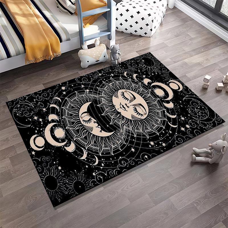 Vintage Black Moon and Sun Pattern Rug with Celestial Design Suitable for use as an anti-slip for living room bedroom sofas