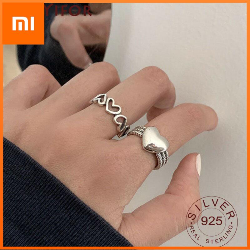 Xiaomi 925 Sterling Silver LOVE Heart Rings for Women Couples New Fashion Vintage Punk Hollow Geometric Party Jewelry Gifts