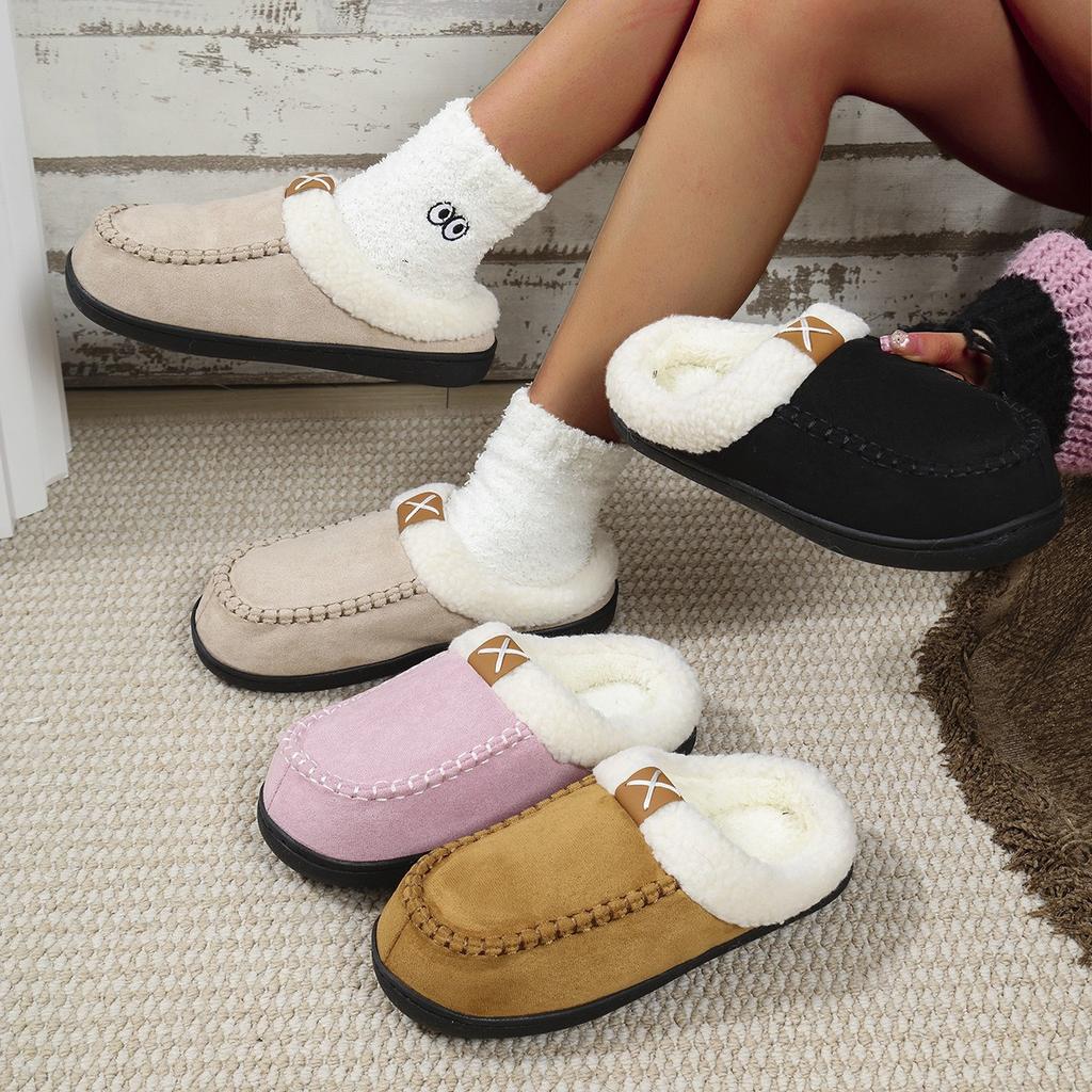 Fashion Plush slippers with fur edges for home warm outdoor wear plush non-slip thickened outdoor wear cotton slippers