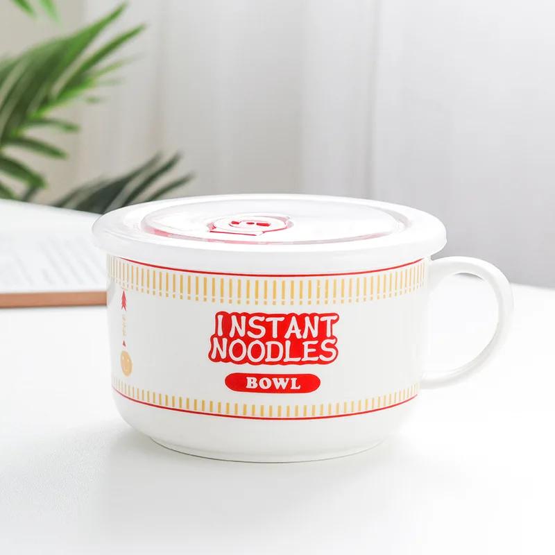 Instant Noodle Bowl with Handle Large Capacity Ramen Bowl Creativity Lid Ceramic Instant Lunch Bowl Cute Design Japanese Cup