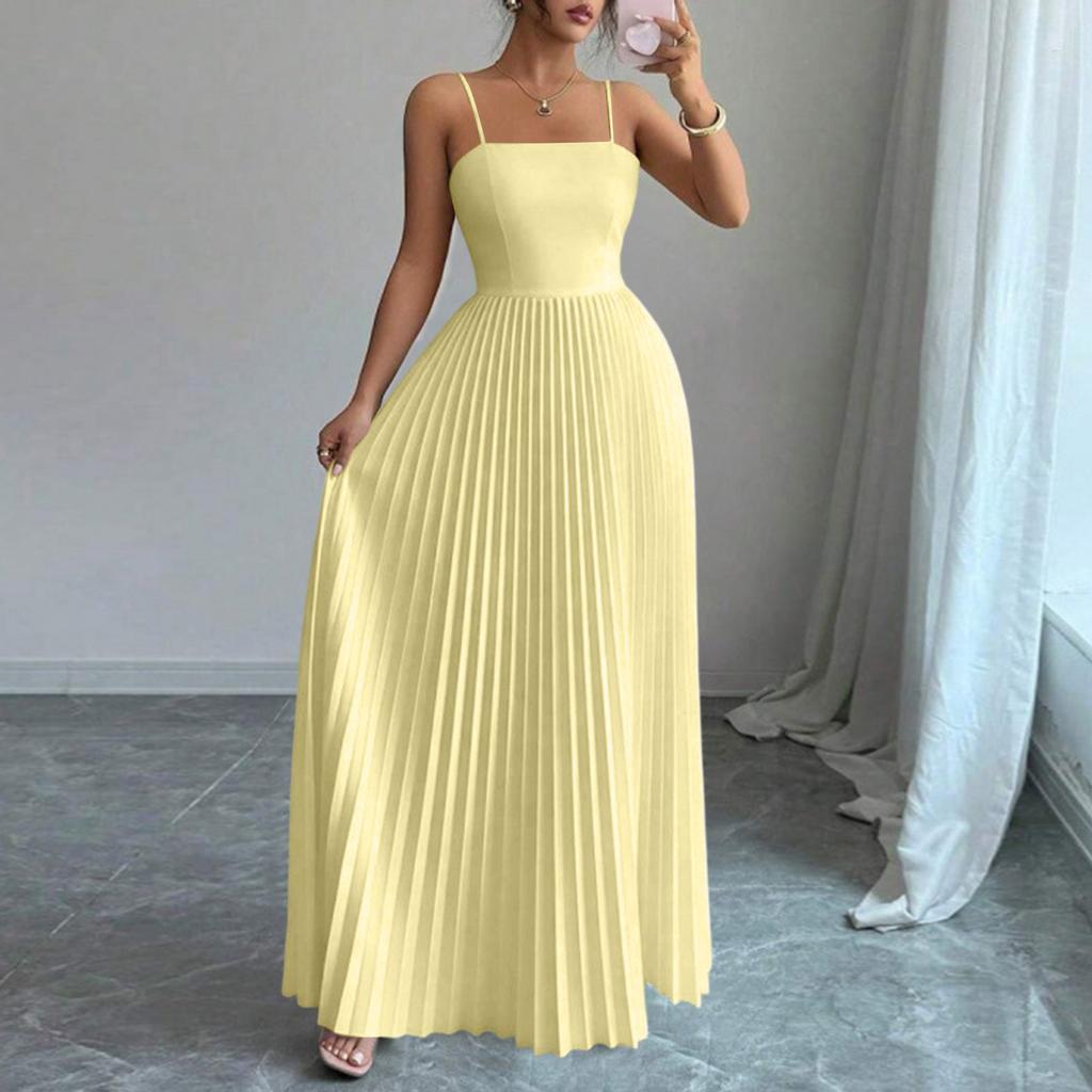 Vestido largo de color plisado con cintura ajustada y tirantes finos para mujer para salir por la noche