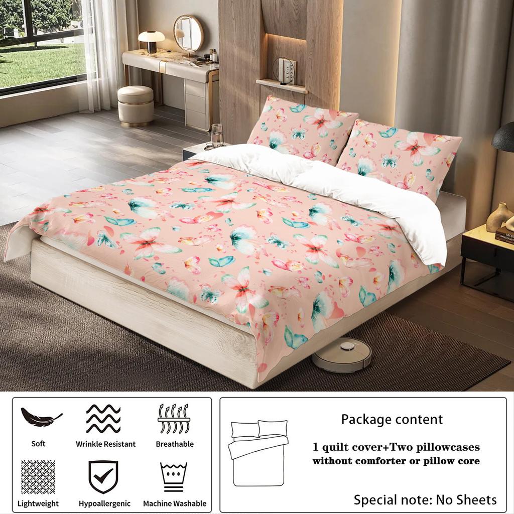 3-piece set, watercolor butterfly pattern printed bedding set, queen, king, double bed, for bedroom, guestroom, hotel