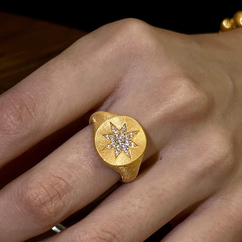 Classical brushed texture octagonal star rings for women charm vintage sparkling diamond inlay oval ring banquet gift