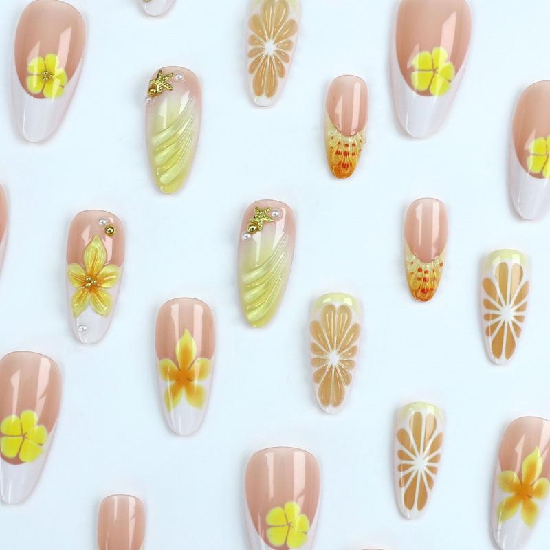 24st Press-On AkrylNaglar 3D Citron Gradient Gul & Vit Blommig, Mini StålPärlor, Franska Falska Nageltippar, SommarManikyr NageldekorationsMaterial
