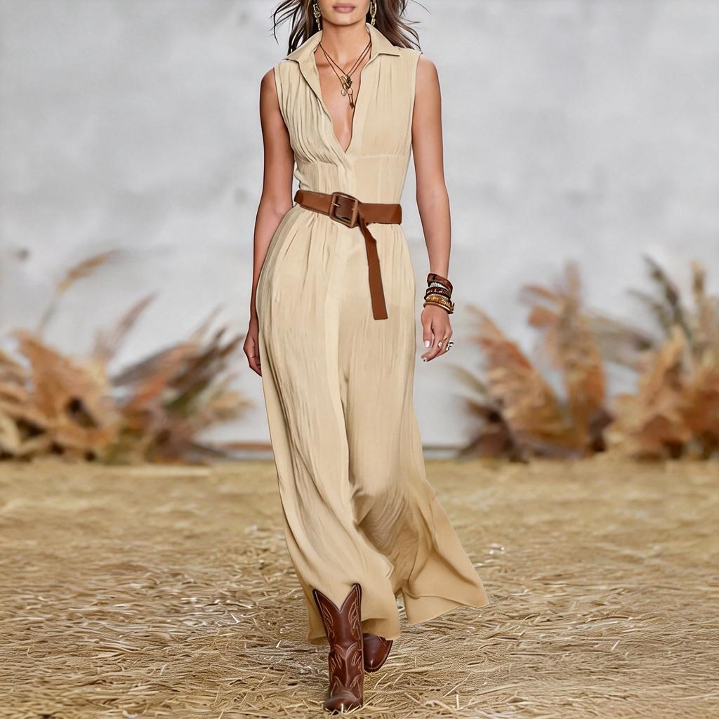 Summer femininity elegant solid color fashion sleeveless waist women's medium and long dress