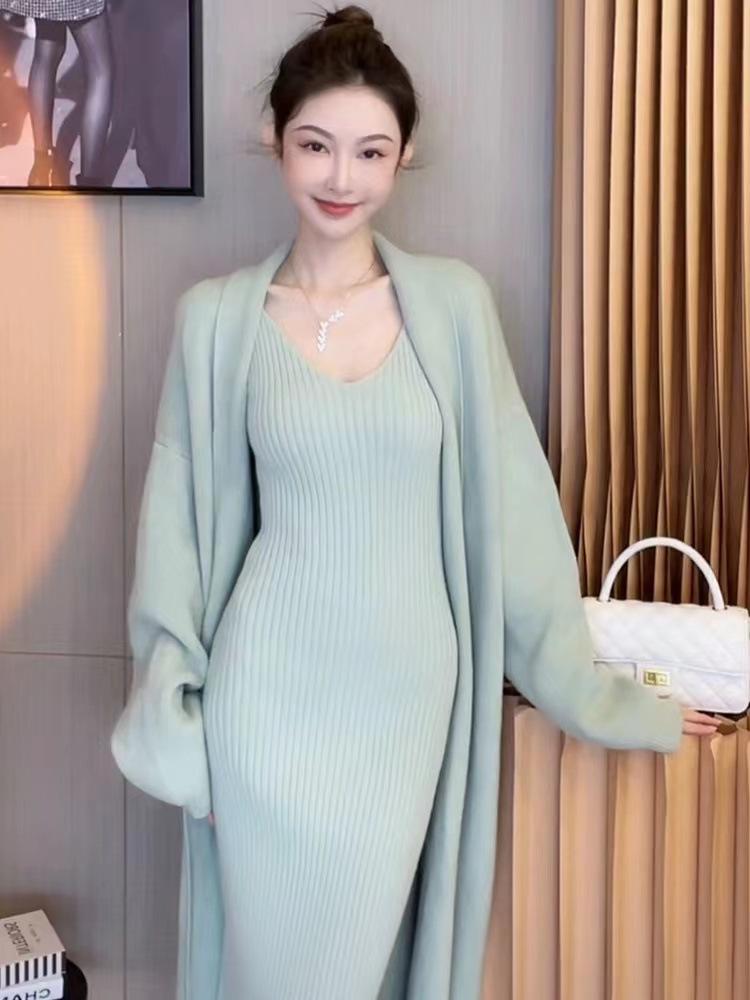 2024 Women's Autumn/Winter Knitted Dress & Sweater Cardigan Two-Piece Set - Medium & Long Lazy Style