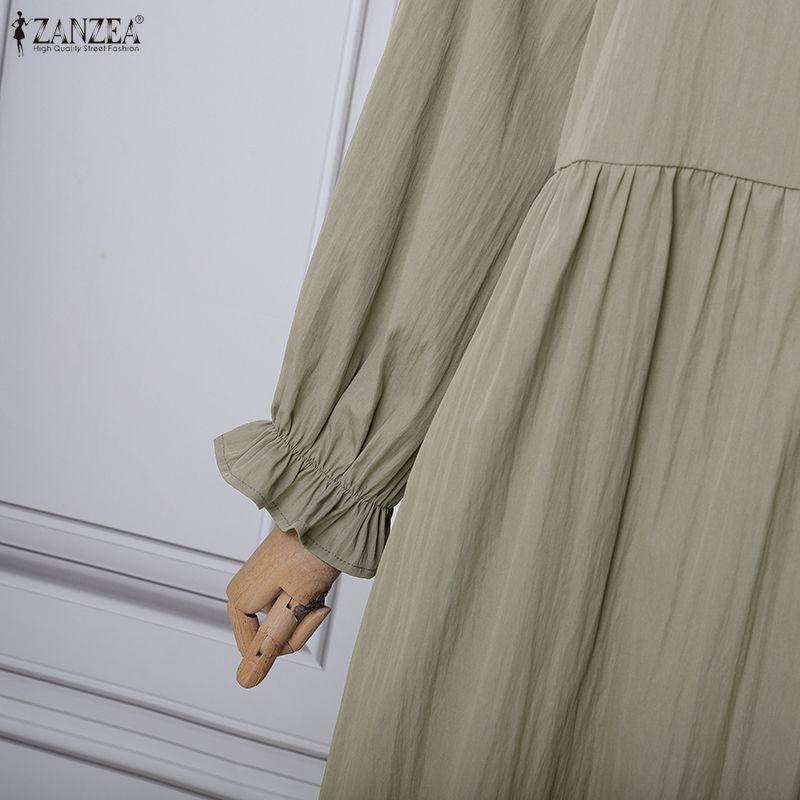 ZANZEA Women Casual Round Neck Long Sleeve Casual Baggy Long Maxi Swing Dress