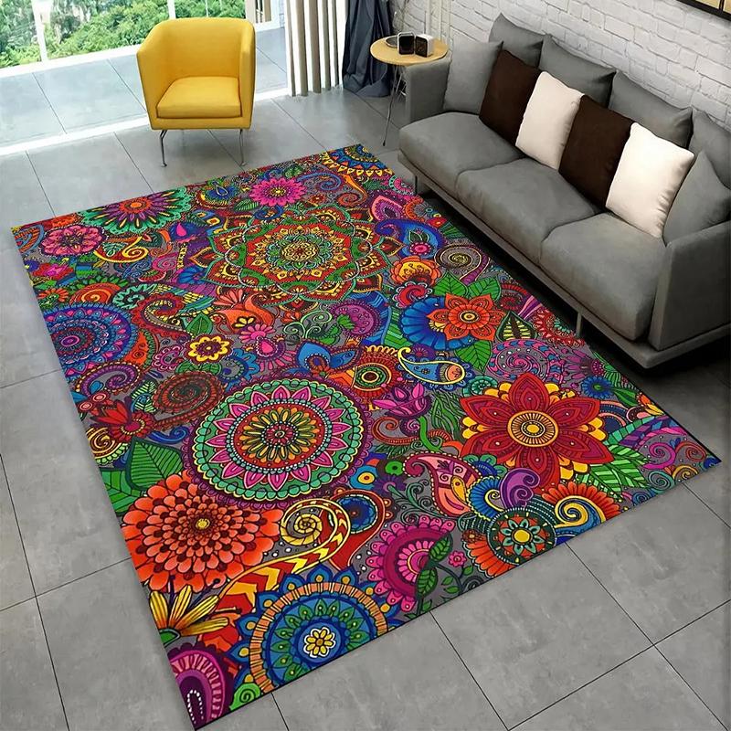 Bohemian Style Mandala Area Rug With Colorful Artistic Floral Geometric Patterns Soft Decorative Carpet For Living Room Bedroom