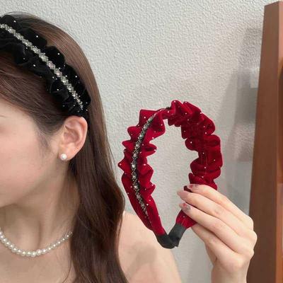 2Pcs 2026 New Korean Starry Velvet Pleated Headband Women High End Diamond Bar Hair Headband Sweet Velvet Headband