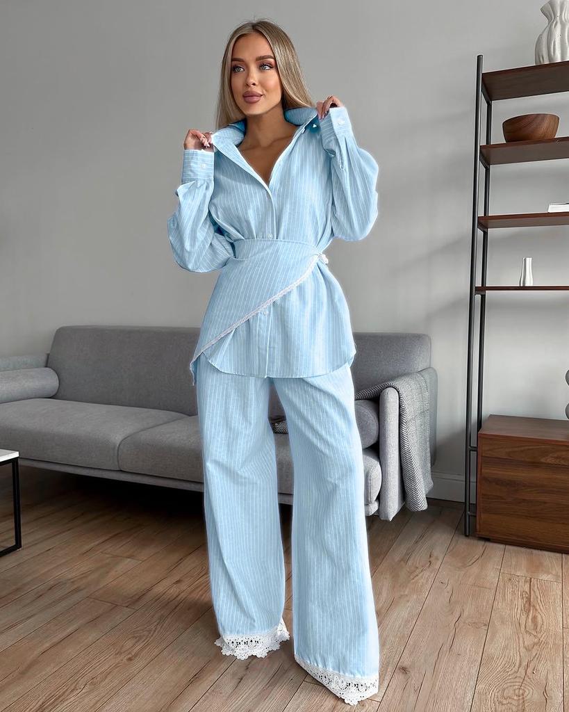 2025 Autumn Fresh Loose Lace Striped Three-Piece Set: Stylish Casual Design