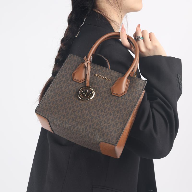 Michael Kors MK Mercer Series Classic French Vintage Monogram Color Block PVC Coated Canvas Accordion Bag Women Handbags Brown 35S1GM9M2B-BRN
