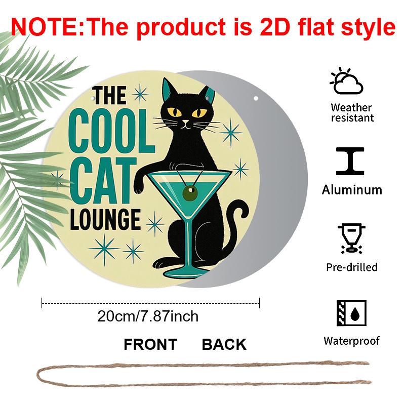 [Cool Cat Lounge Sign] 2D Flat, 2D Flat Metal Sign-The Cool Cat Lounge, Black Cat with Martini Glass Design, Yellow Background with Blue Stars