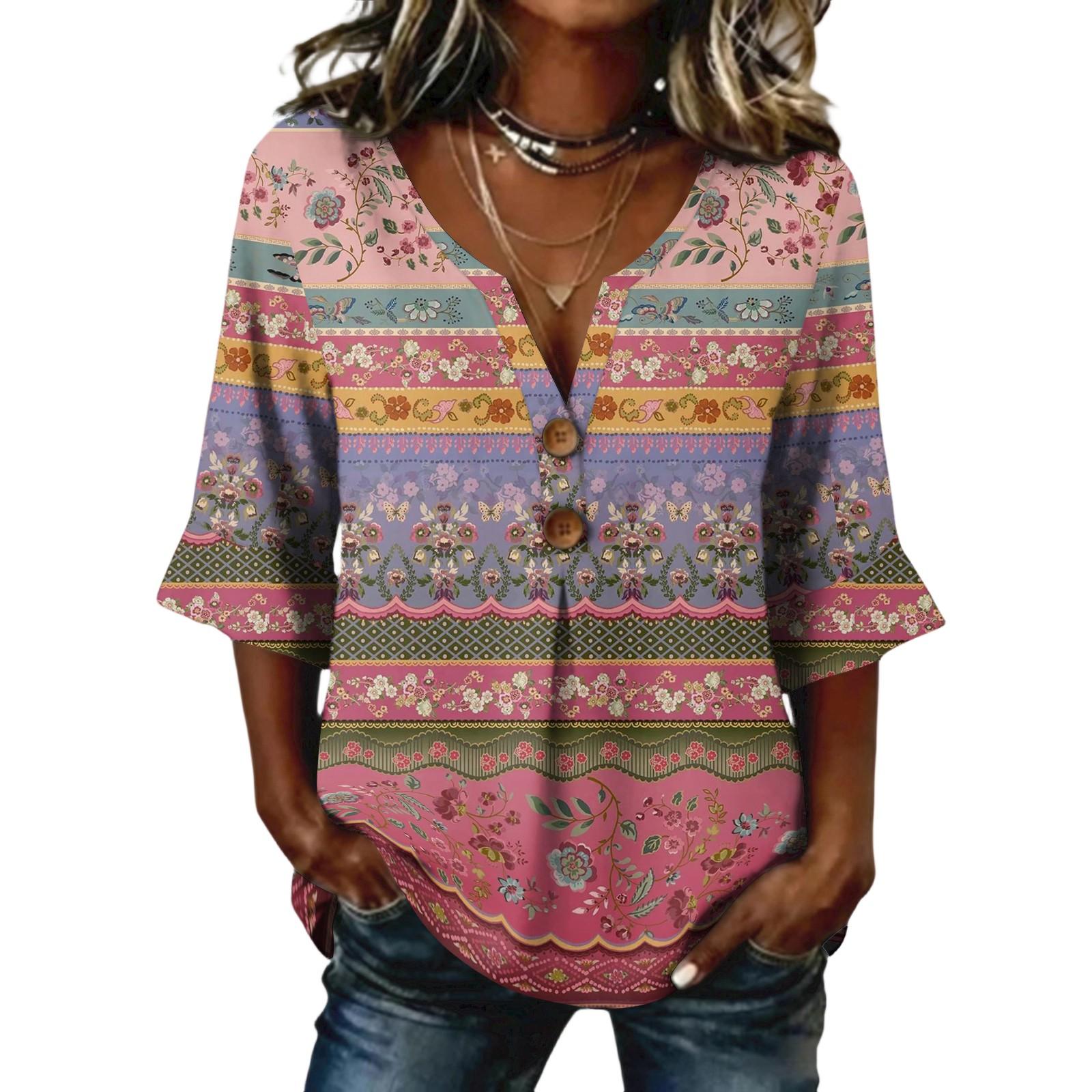 

Ladies floral print button casual V-neck fashionable seven quarter sleeve top XL рожевий