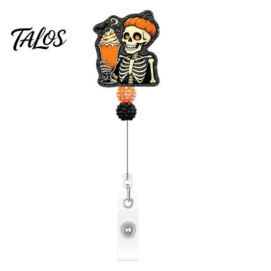 Personalized Badge Holder Halloween Retractable Reel, Skeleton And Pumpkin Design, Acrylic ID Card Office Id with Sturdy Metal Clip for Nurses