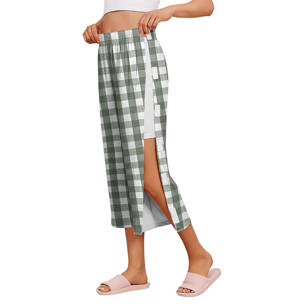 Pantaloni Capri da Donna per il Recupero Post-Chirurgico con Apertura Laterale, Vita Elastica, Leggeri, Comodi, Vestibilità Larga, Fantasia a Quadri