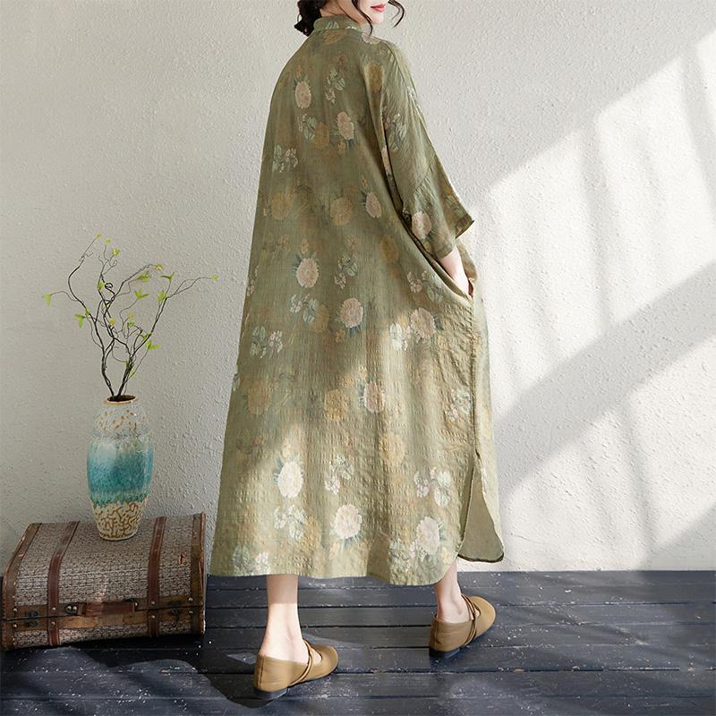 DIMANAF 2025 Summer Women Plus Size Dress Vintage Floral Buttons Casual Loose Long Oversized Dress New