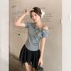 Summer unique design ruffle pleated slanted shoulder short-sleeved T-shirt women's off-the-shoulder thin sexy 