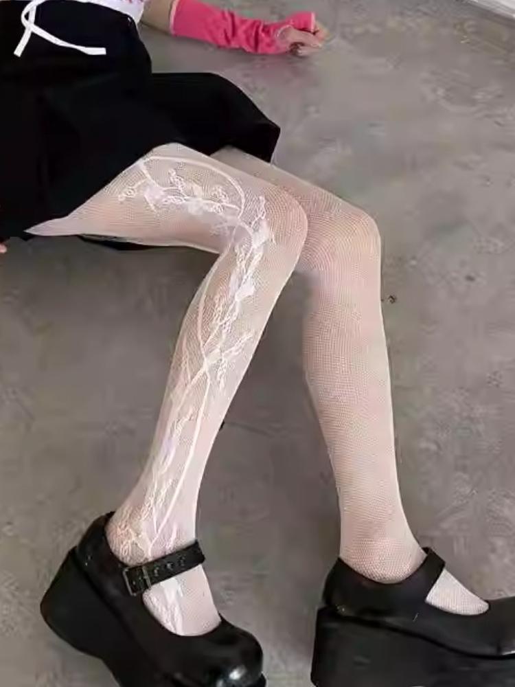 Women Sexy Mesh Openwork Lace Base Layer Tights Summer Thin Vine Pattern Pantyhose Subculture Punk Slim-fit Fishnet Stockings