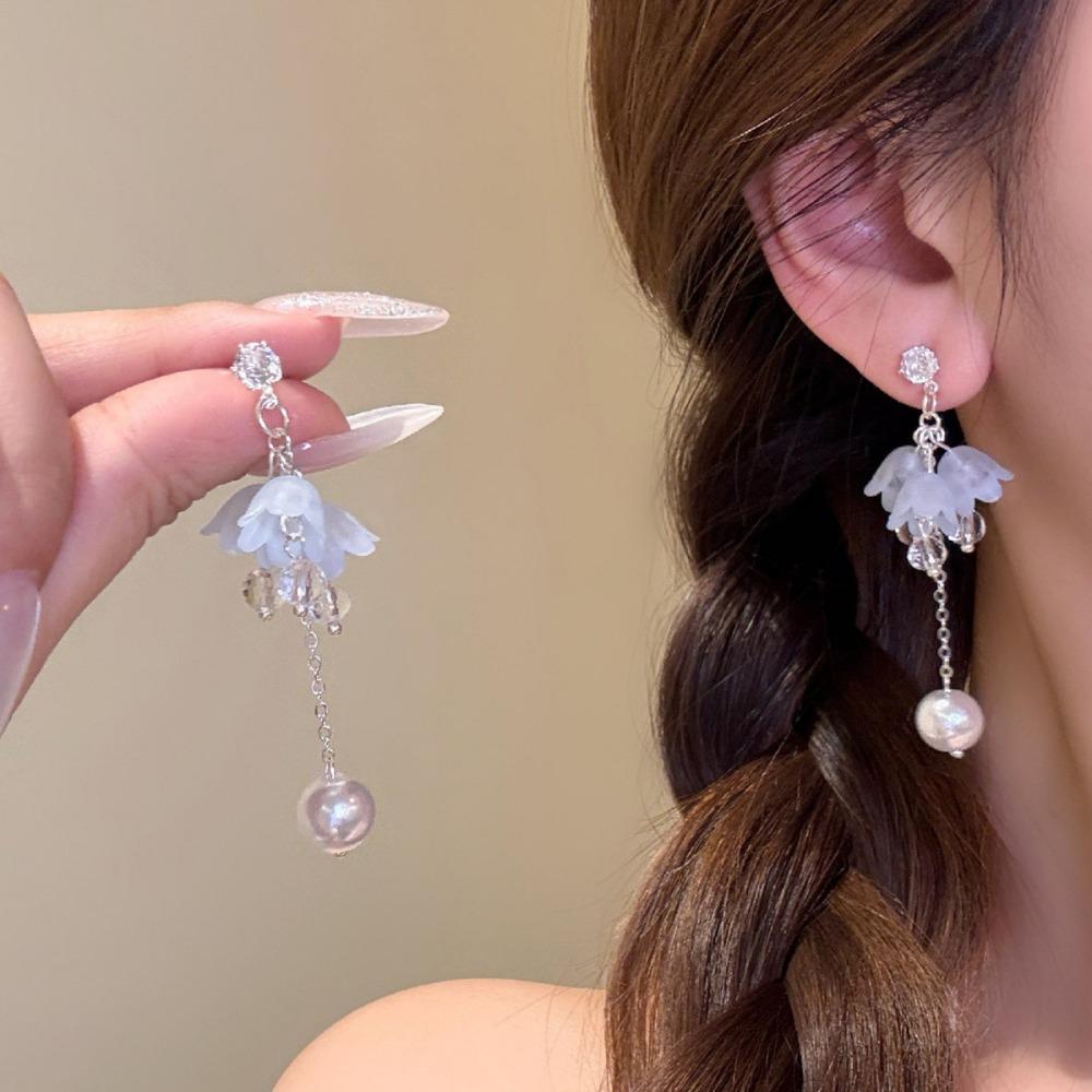 Sweet Romantic Frosted Crystal Bell Orchid Flower Imitation Pearl Long Chain Dangle Earrings for Women Temperament Jewelry Gifts