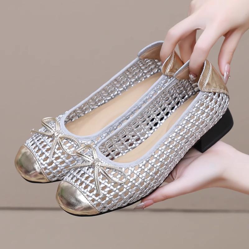 Fashion GKTINOO 2025 Summer New Genuine Leather Sandals For Women Hand-woven Hollow Low Heels Soft Sole Large Size Women's Shoes