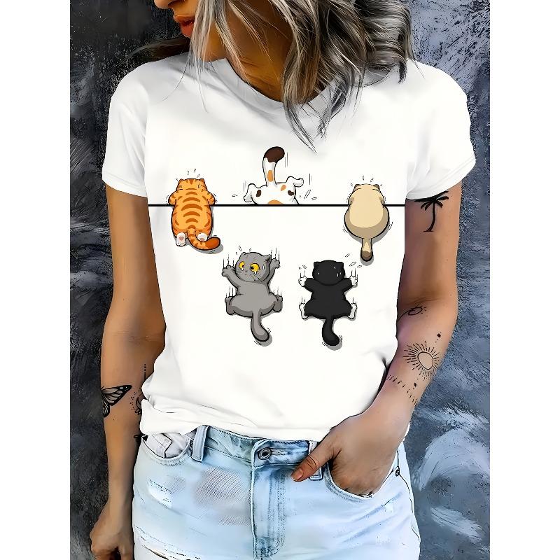 European sizesRound Neck Casual Top, White with Colorful Cat Design, Breathable & Comfortable for Spring/Summer, Casual Attire, Cat Tshirt
