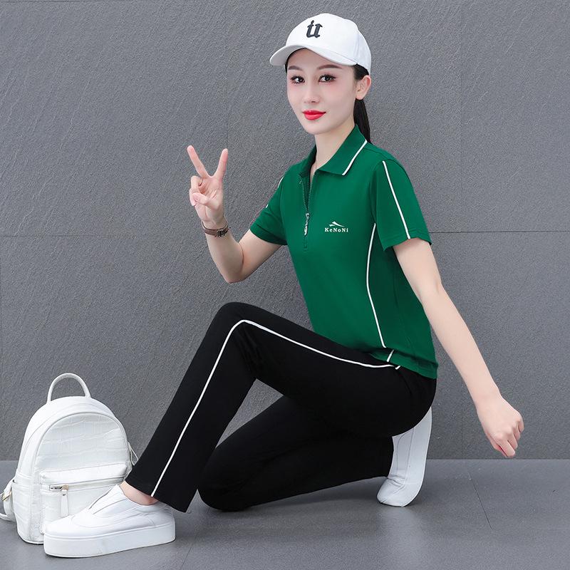 

Летний женский повседневный спортивный костюм из быстросохнущего ледяного шелка - Поло с коротким рукавом, двойка Large темно-зеленого