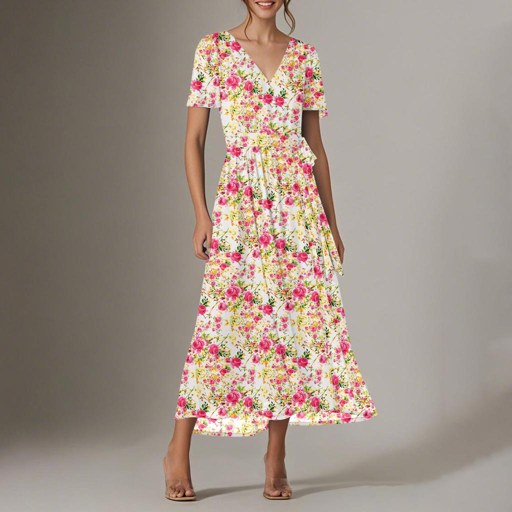 Women's Summer Floral Bohemian Dress Wrap V Neck Short Sleeves Ruffle A-Line Flowy Maxi Dress Summer Dresses For Women