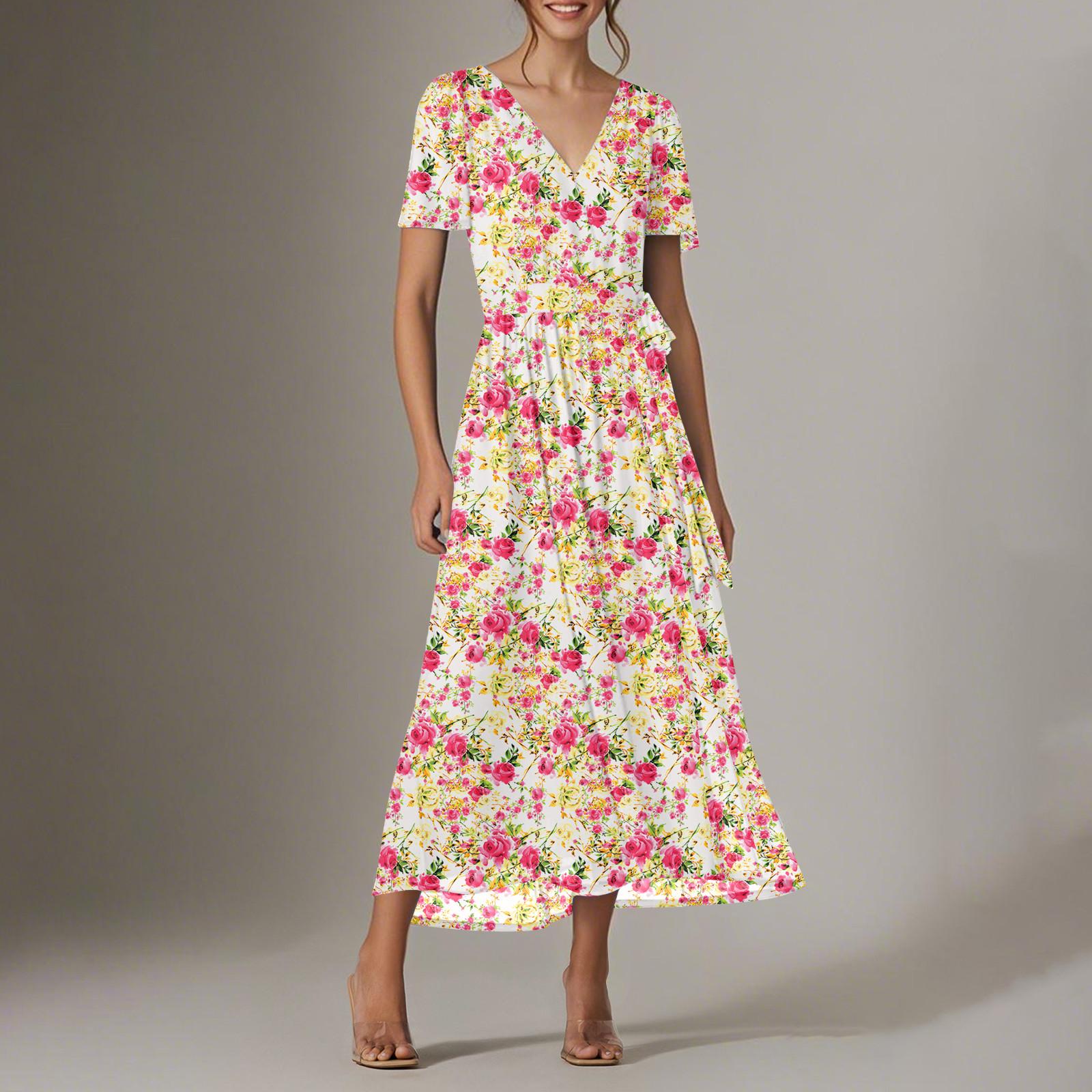 

Женское летнее цветочное богемное платье с запахом, V-образным вырезом, короткими рукавами, оборками, А-силуэта, струящееся макси-платье, летние платья для женщин XL арбуз красный