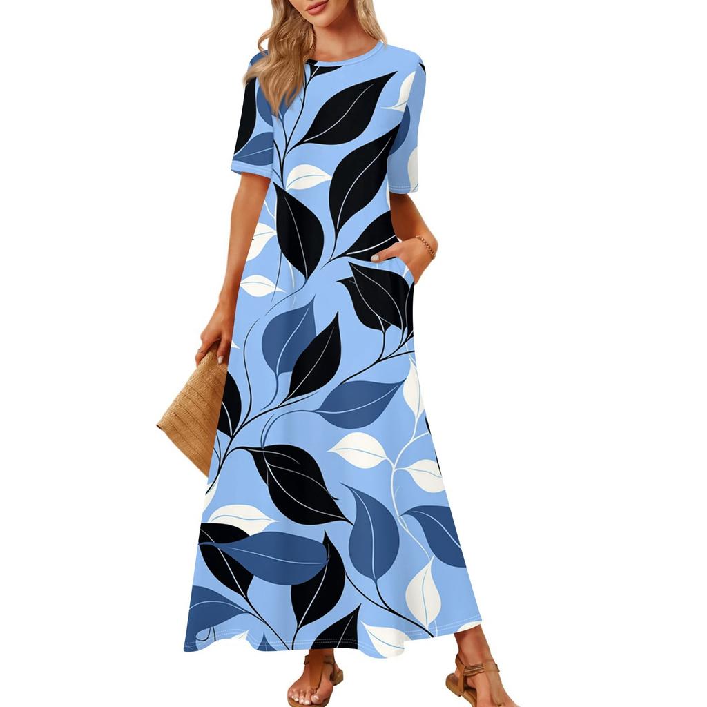 Dames Modieuze En Casual Lange Strandrok Ronde Hals Korte Mouwen Losse Retro Print Jurk