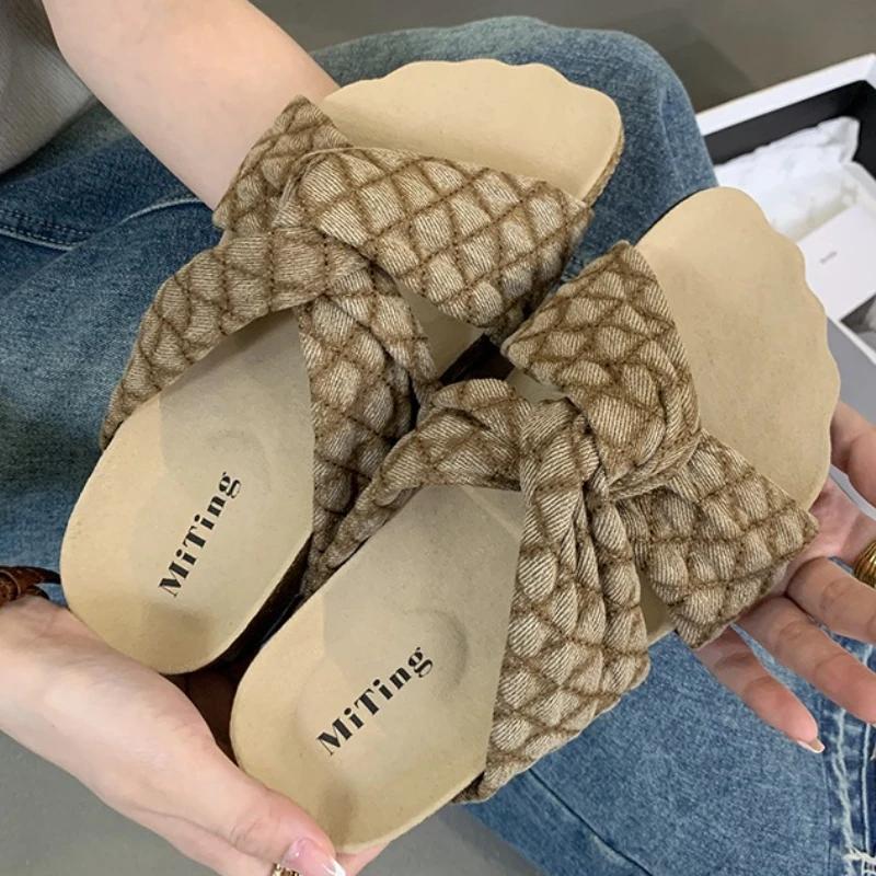 

Fashion Cross Tied Design Brand Platform Slippers Women Summer Comfortable Lightweight Flat Sandals Women Casual Vacation Beach Sandals 39 хаки