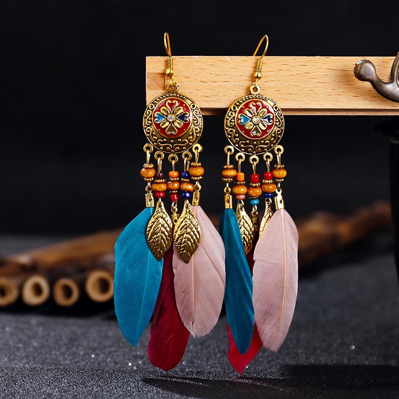 Bohemian Vintage Zircon For Women 2024 Trendy Carved Leaf Feather Tassel Long Earrings
