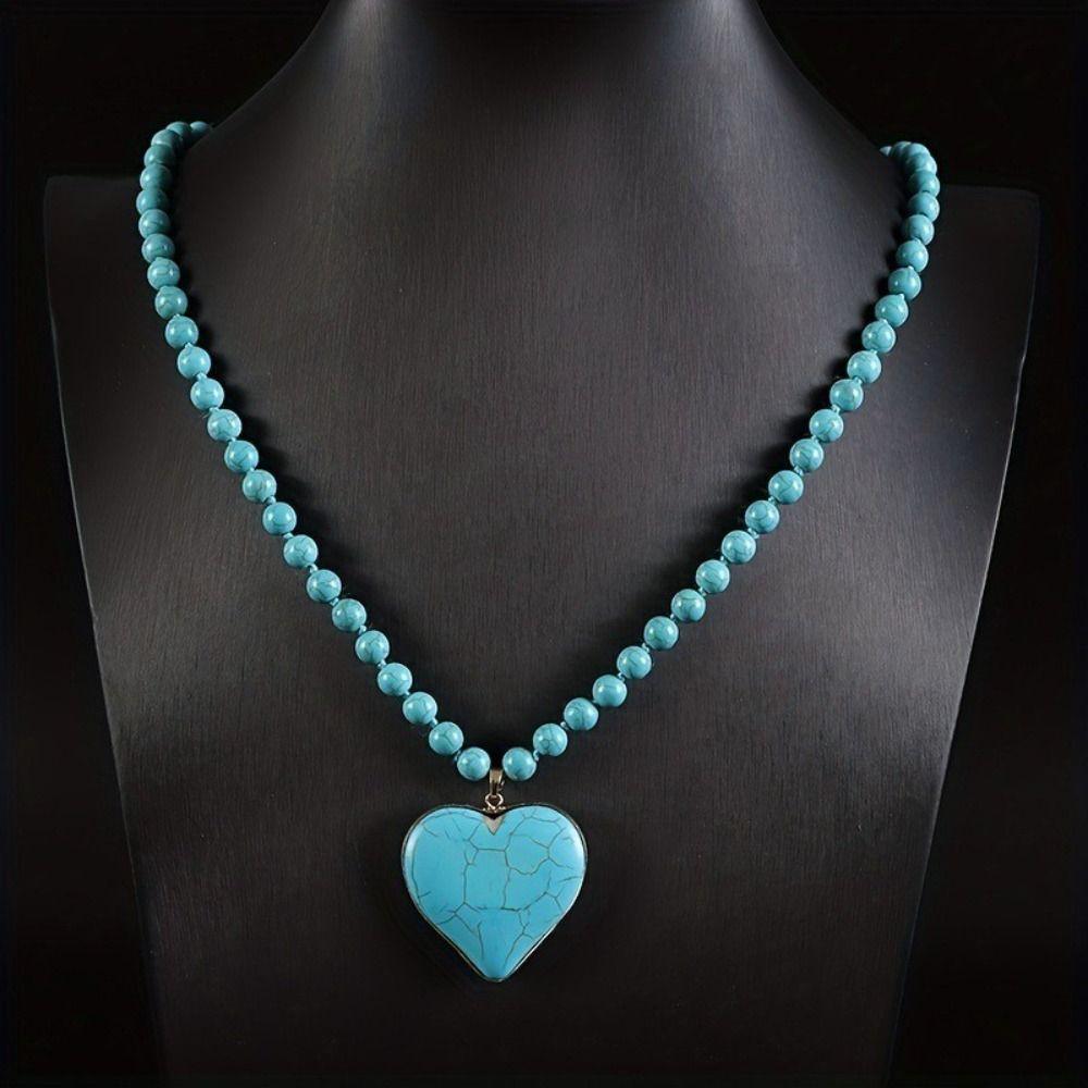 Knot Design Turquoise Beaded Necklace Heart Shape Pendant Heart Pendant Necklace  Ethnic Style