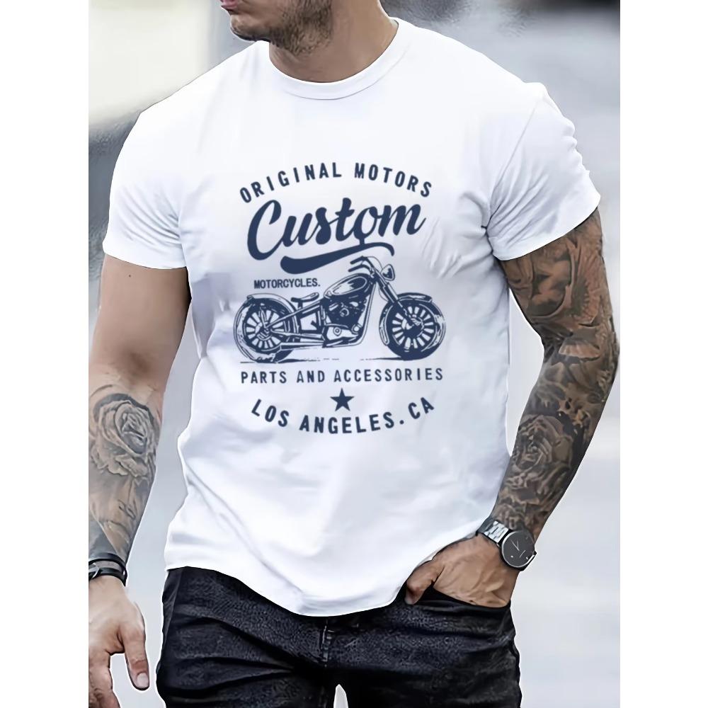 Men's 100% Cotton Fashionable Casual Loose Oversized Retro Motorcycle Pattern Printed Round Neck Short Sleeved T-shirt