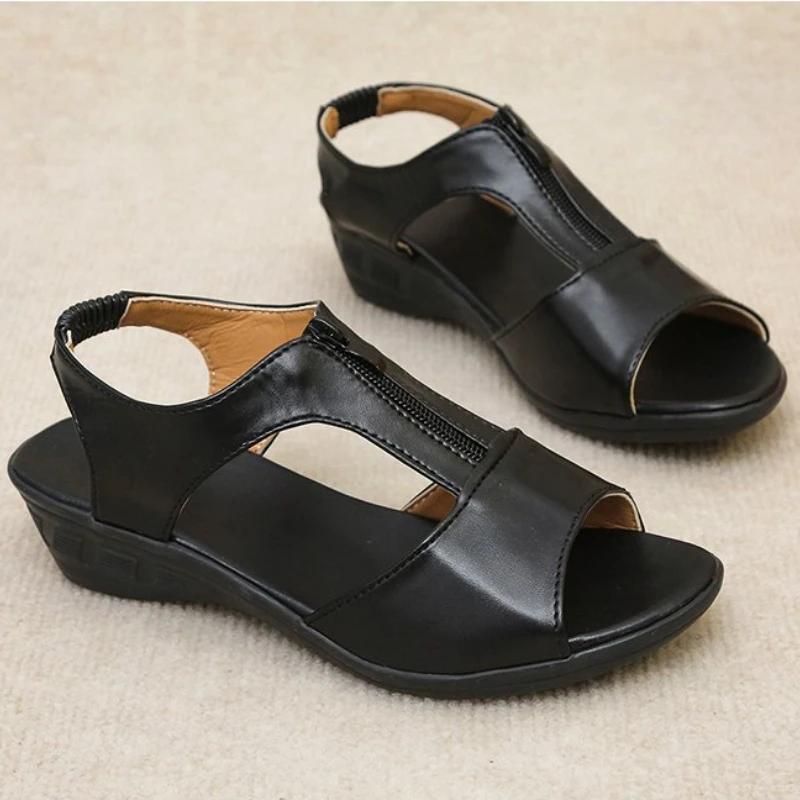 Letnie Damskie Sandały na Koturnie 2024 Nowa Moda Rybi Pyszczek Antypoślizgowe Skórzane Buty Codzienne Damskie Retro Platformowe Sandalias De Mujer