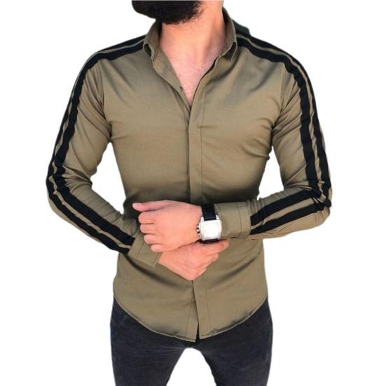 Long Sleeve Turn-down Collar Men Shirt Button Cuffs Side Striped Slim Office Shirt Leisure Clothing