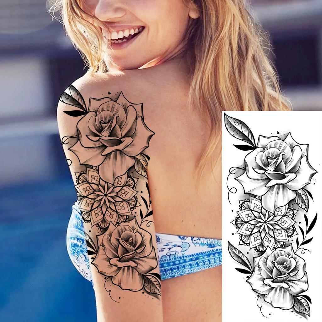 1 Sheet Black Flower Temporary Tattoos For Women Girls Realistic Fake Flora Floral Peony Tattoo Sticker Body Art Painting Decal
